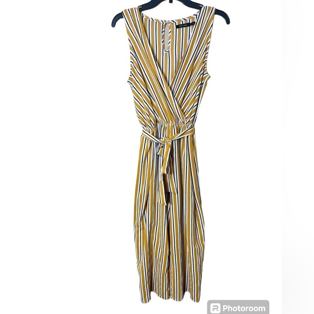 MIND CODE Yellow Striped Sleeveless Wide‎ Leg Jumpsuit Tie Waist Large Festival